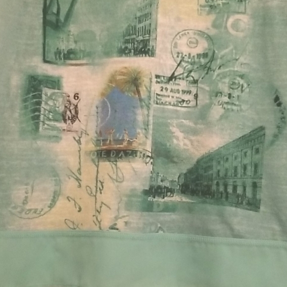 Yest Mint Green Stamps Printed Chiffon Knit Blouse - Picture 2 of 14
